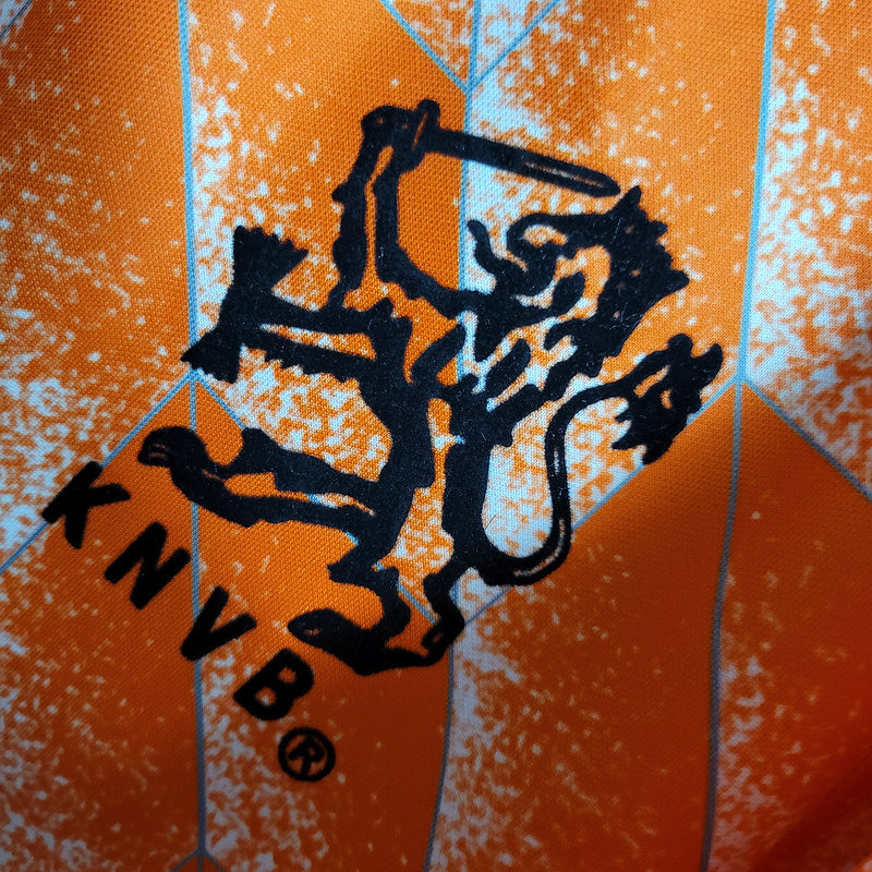Orange Netherlands retro home shirt detail — Van Basten and Gullit era