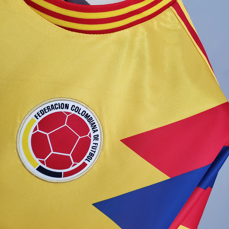 Red Colombia retro home shirt detail — Los Cafeteros at Italia '90